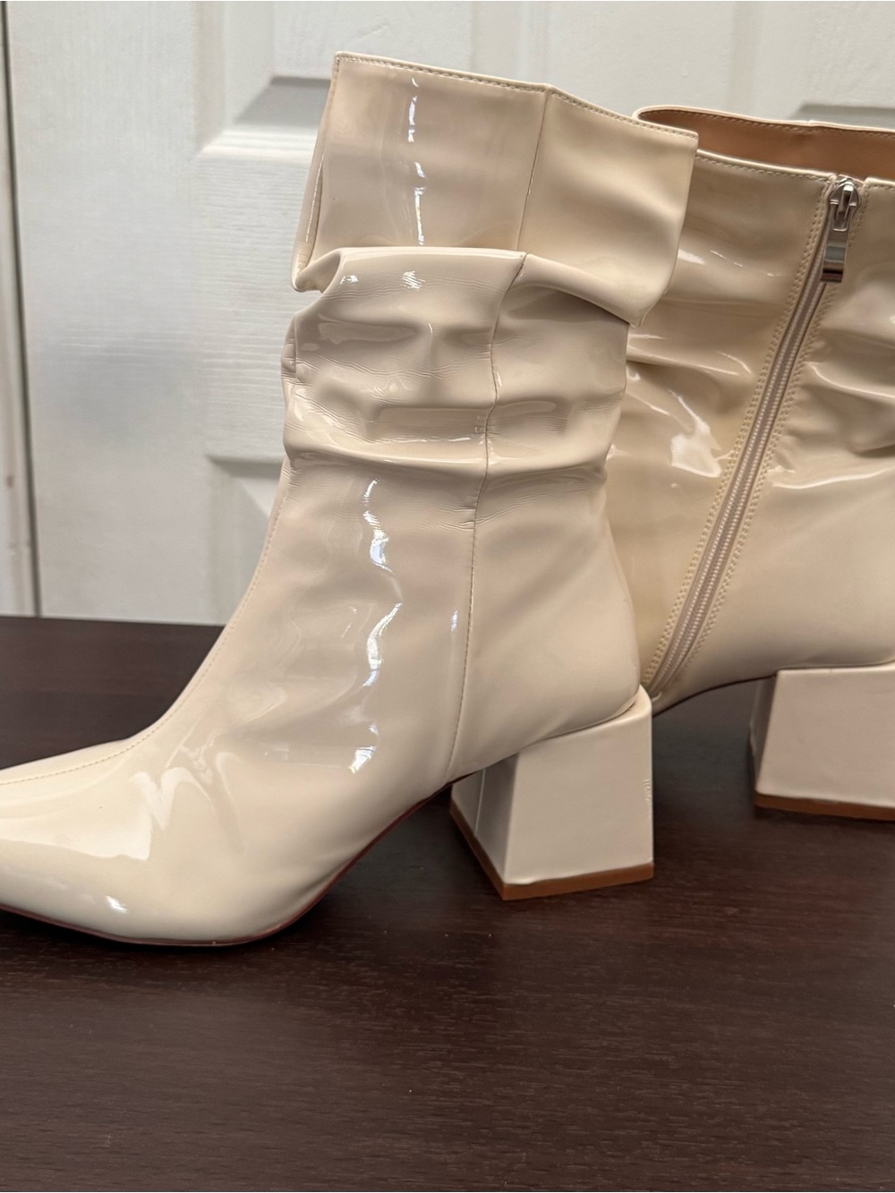 Patent Leather Mid-Calf Block Heel Boots in Cream